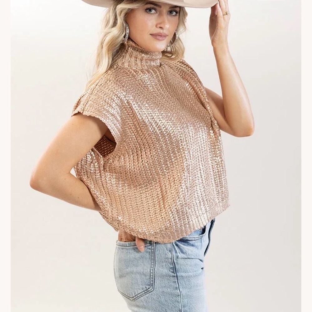 She + Sky Shimmering Gold Turtleneck Sweater - Picture 4 of 12